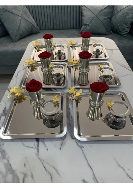 3 Farklı Model Gümüş 6'lı Çelik Kare Sunum Tepsisi ve Gümüş Gül Kovası fiyatları