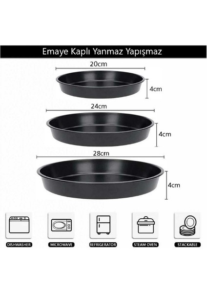 20-24-28 cm Parlak Siyah Emaye Yuvarlak Fırın Tepsi Seti, 3'lü modelleri