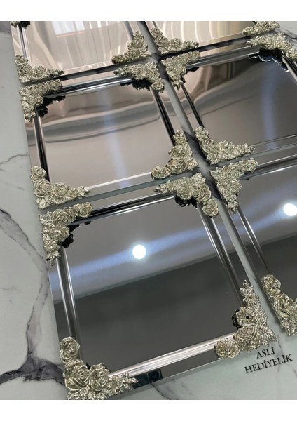 6'lı Lüx Gümüş Çiçekli Kare Servis Tepsisi 21X21 cm modelleri