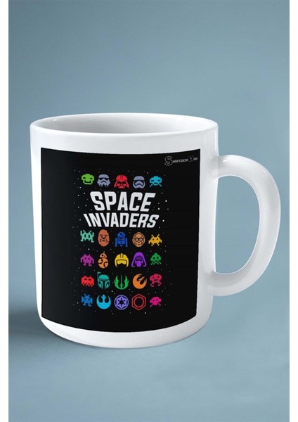 Space Invaders Oyun Baskılı Kupa Bardak Çift Taraflı Kişiye Özel Model 1