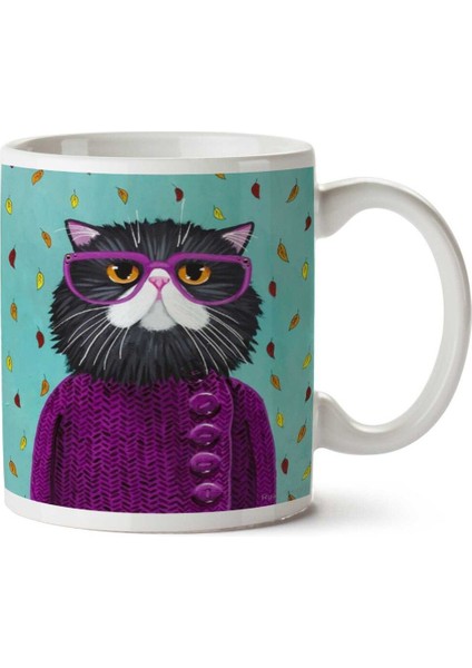 Hipster Kedi Mor Gözlük Hırka Iki Tarafı Baskılı Kupa Bardak