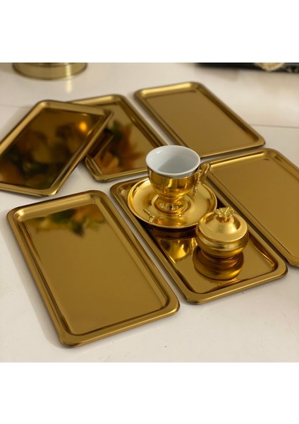 Şık 6'lı Gold Kaplama Dikdörtgen Sunum Tepsisi 13X23 cm