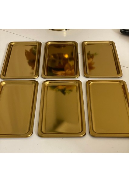 Şık 6'lı Gold Kaplama Dikdörtgen Sunum Tepsisi 13X23 cm modelleri