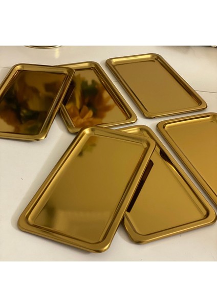 Şık 6'lı Gold Kaplama Dikdörtgen Sunum Tepsisi 13X23 cm fırsatları