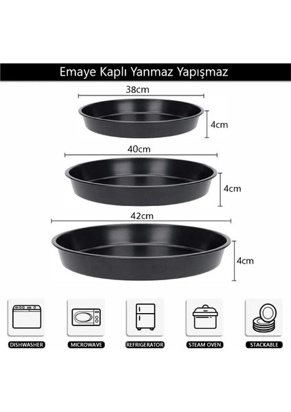 39-41-43 cm Siyah Parlak Emaye Yuvarlak Fırın Tepsi Seti, 3'lü fiyatları