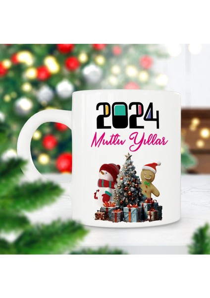 2024 Mutlu Yıllar Kardan Adam Çam Ağacı Yılbaşı Hediyesi Baskılı Kupa Bardak