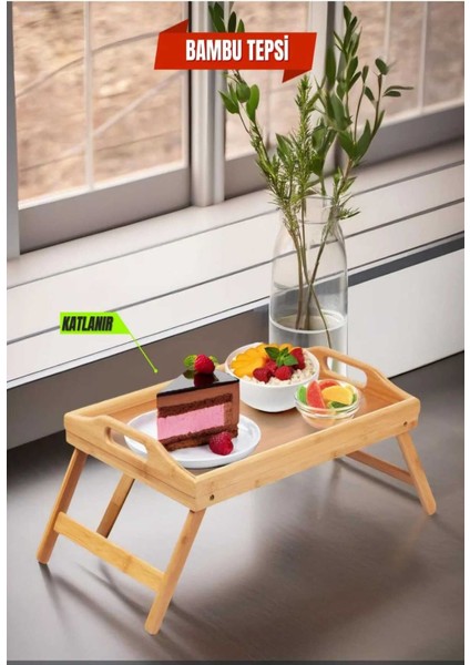 Kahverengi Katlanabilir Bambu Sehpa, Yatak Üstü Kahvaltı ve Keyif Için 40X28 cm