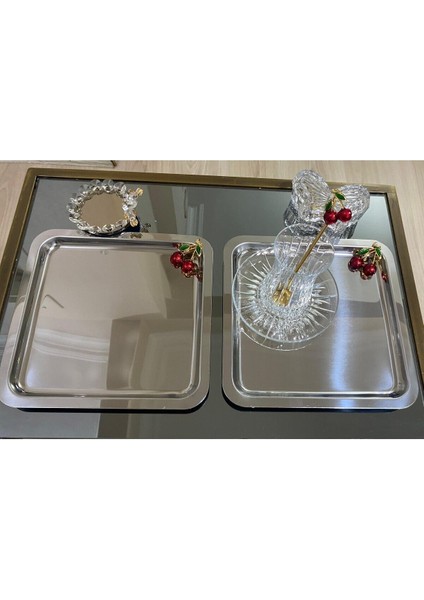 6'lı Kare Kirazlı Gümüş Tepsi Seti, Sunum ve Kahve Için Şık ve Zarif Tasarım modelleri