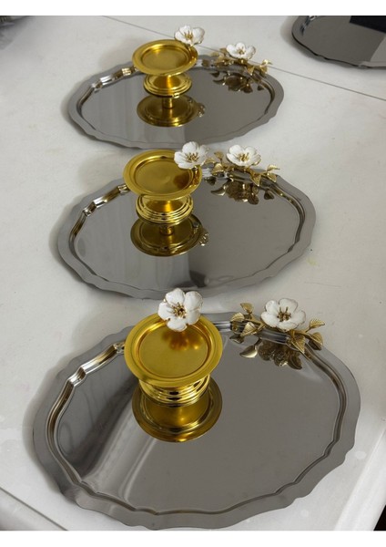 Beyaz Çiçekli 3'lü Çelik Oval Tepsi ve Gold Makaronluk Seti