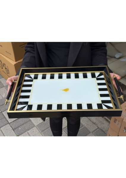 Şık Siyah Kuş Desenli Ahşap Çay ve Kahve Tepsisi