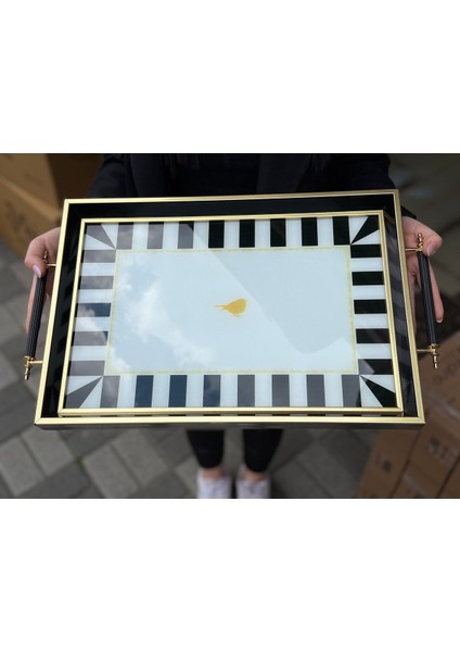 Şık Siyah Kuş Desenli Ahşap Çay ve Kahve Tepsisi modelleri