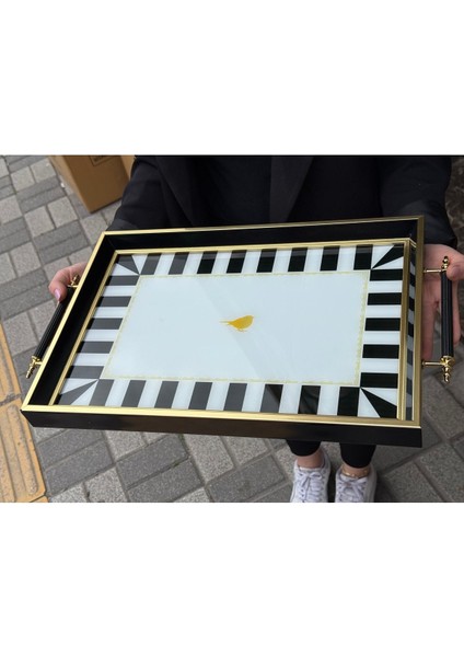 Şık Siyah Kuş Desenli Ahşap Çay ve Kahve Tepsisi fırsatları