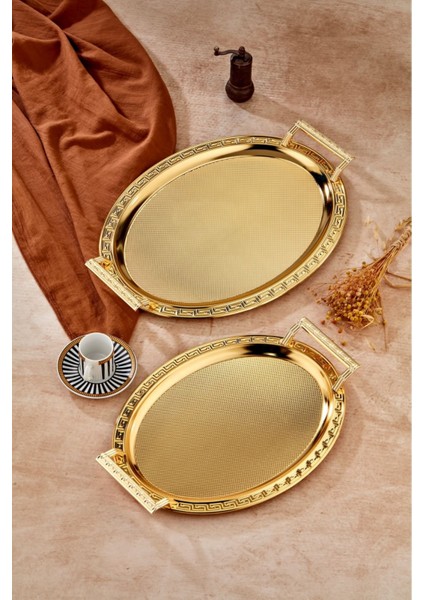 Şık Oval Paslanmaz Çelik Gold Tepsi, Büyük Boy, Zarif ve Dayanıklı Tasarım