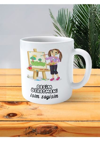 Resim Öğretmeni Baskılı Kupa Bardak Isimli Kişiye Özel Tuval Boya Fırça