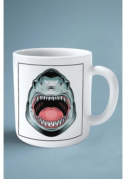 Köpekbalığı Baskılı Kupa Bardak Çift Taraflı Kişiye Özel Çerçeveli Renkli Model 2