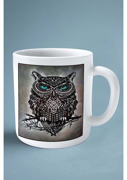 Baykuş Baskılı Kupa Bardak Çift Taraflı Kişiye Özel Çerçeveli Renkli Model 3