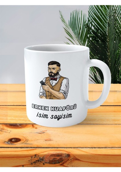 Kuaför Erkek Kuaförü Baskılı Kupa Bardak Isimli Kişiye Özel Saç Makinesi