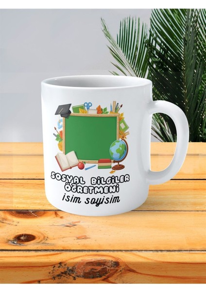 Sosyal Bilgiler Öğretmeni Baskılı Kupa Bardak Isimli Kişiye Özel Makas Kep