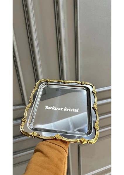 Altın Renkli, Tek Kişilik Metal Döküm Kahve ve Çay Tepsisi, 2 Adet Set