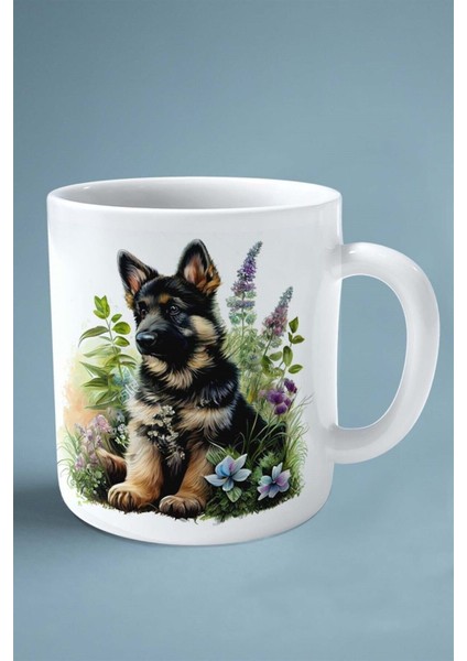 German Shepherd Alman Köpek Isimli Kişiye Özel Baskılı Kupa Bardak Ot Çiçek