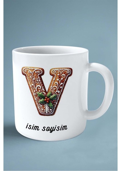 Noel Yeni Yıl Yeniyıl Hediye Isimli Kişiye Özel 2024 Baskılı Kupa Bardak V Harfi
