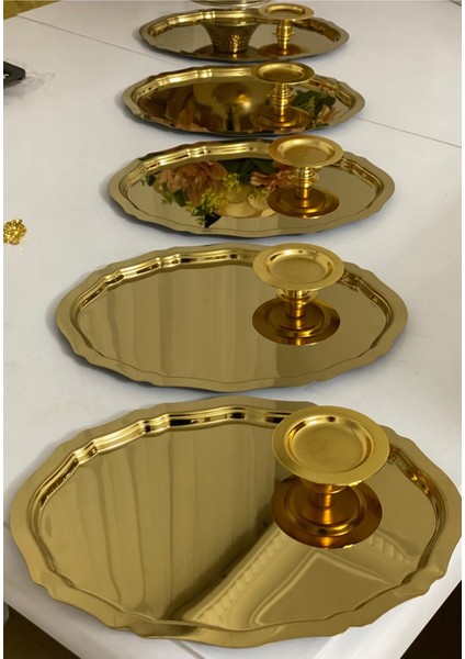 Şık Altın Oval Tepsi 25 cm ve Makaronluk 6'lı Set, Zarif Ev Aksesuarları