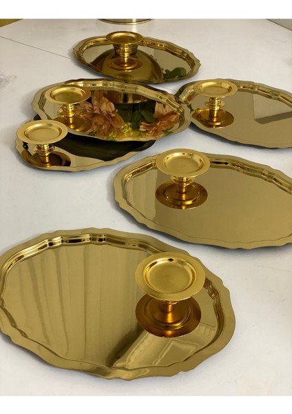 Şık Altın Oval Tepsi 25 cm ve Makaronluk 6'lı Set, Zarif Ev Aksesuarları fiyatları
