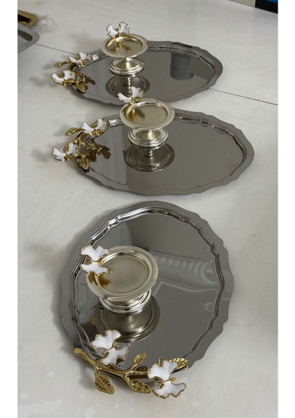 Paslanmaz Çelik Oval Tepsi ve Gümüş Makaronluk, 3'lü Set, Beyaz Kelebek Detaylı modelleri