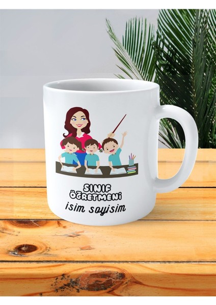 Sınıf Öğretmeni Baskılı Kupa Bardak Isimli Kişiye Özel Kalp Resmi Tahta