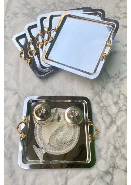 6'lı Krom Kare Kulplu Paslanmaz Çelik Kahve Sunum Seti (21X21CM)