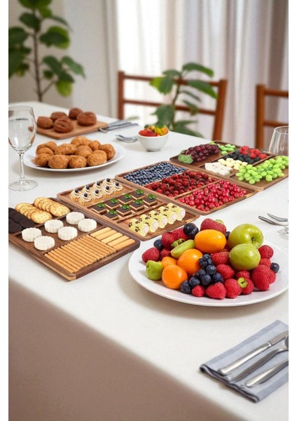 Doğal Ahşap Bölmeli Sunum Tepsisi, Lüks Servis Tahtası, Meze, Peynir, Çerez ve Meyve Tablası
