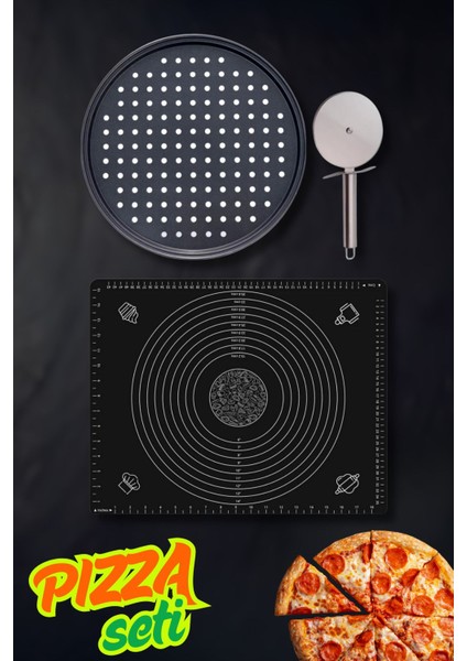3 Parça Paslanmaz Çelik Set: 32 cm Pizza, Lahmacun, Pide Tepsisi, Silikon Hamur Matı ve Kesici Rulet