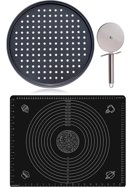 3 Parça Paslanmaz Çelik Set: 32 cm Pizza, Lahmacun, Pide Tepsisi, Silikon Hamur Matı ve Kesici Rulet fiyatları