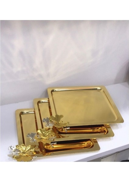 Kare Gold Kaplama Paslanmaz Çelik 3'lü Kelebekli Sunum Tepsisi fiyatları