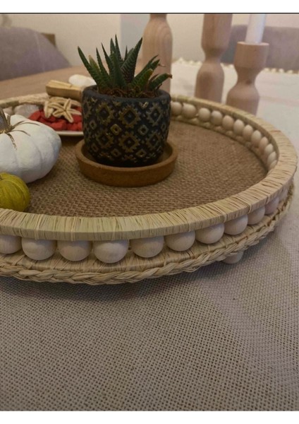Doğal Ahşap Boncuklu Rafya Hasır Dekoratif Tepsi 29,5cm, Kahverengi fiyatları