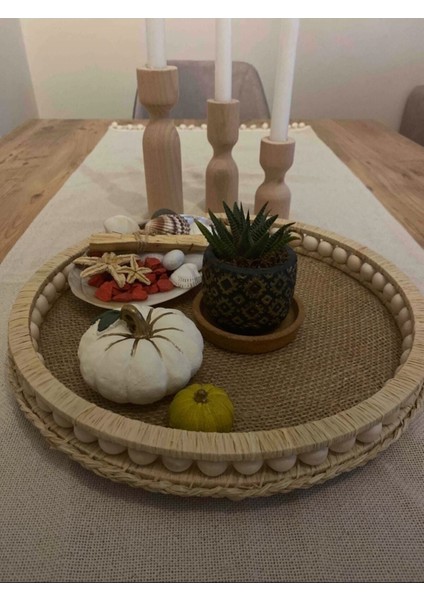 Doğal Ahşap Boncuklu Rafya Hasır Dekoratif Tepsi 29,5cm, Kahverengi modelleri