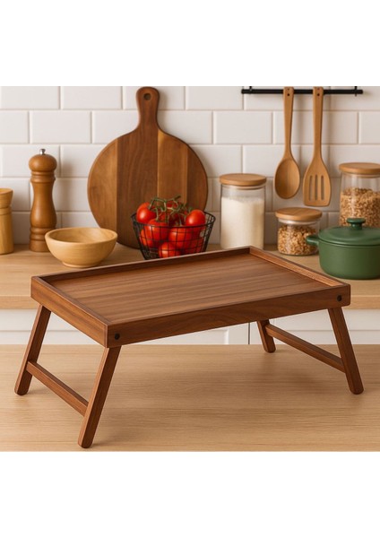 Katlanır Ayaklı Ahşap Yatak Tepsisi, Kahverengi, Şık ve Kullanışlı Tasarım