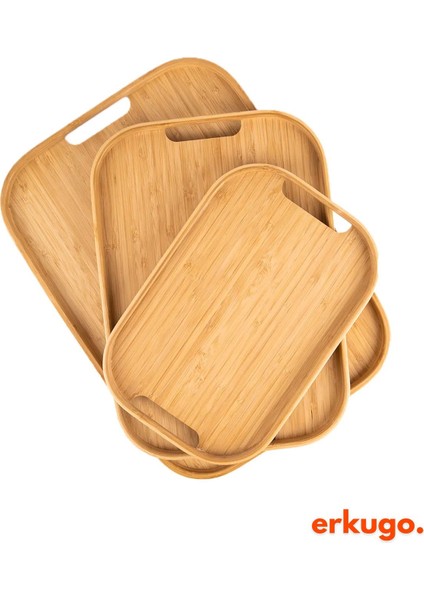Şık 3'lü Bambu Dikdörtgen Servis Tepsisi Seti, Kahverengi