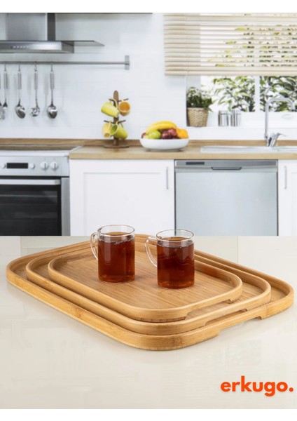Şık 3'lü Bambu Dikdörtgen Servis Tepsisi Seti, Kahverengi fiyatları