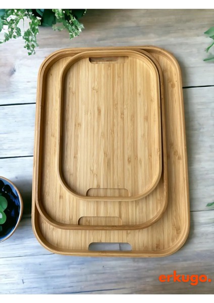 Şık 3'lü Bambu Dikdörtgen Servis Tepsisi Seti, Kahverengi modelleri
