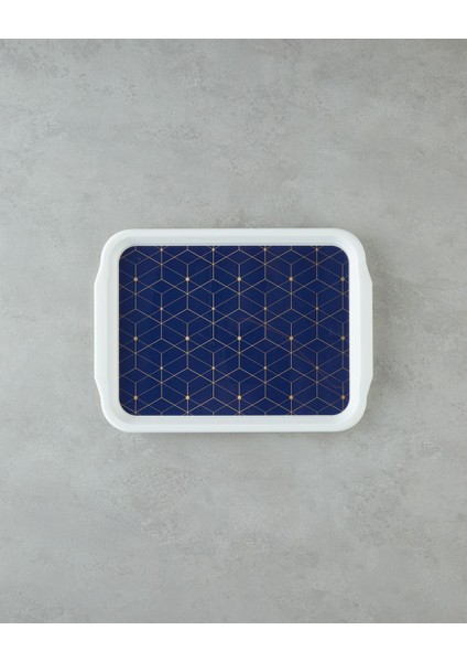Geometrik Tasarımlı Kaydırmaz Tepsi, 34X25 Cm, Lacivert ve Altın Detaylı