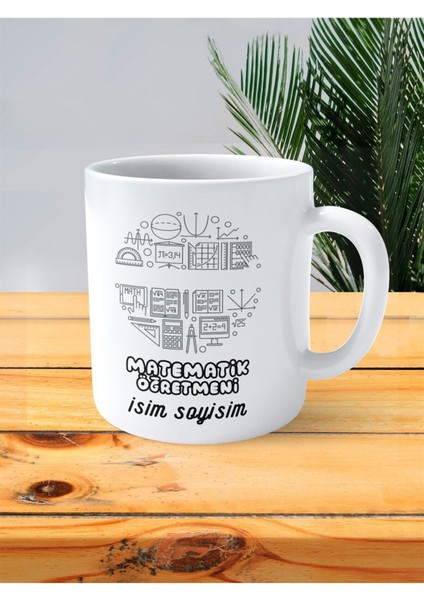 Matematik Öğretmeni Baskılı Kupa Bardak Isimli Kişiye Özel Pergel Resim Açı Gönye