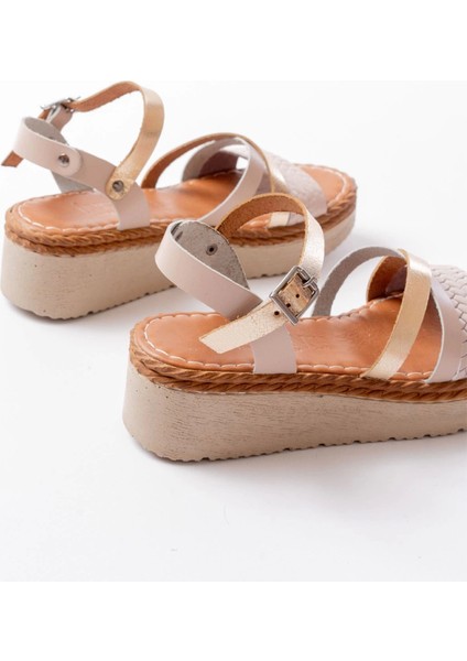 730-044 Bej Garni Ortopedik Örgü Desenli Hakiki Deri Dolgu Kadın Sandalet indirimleri