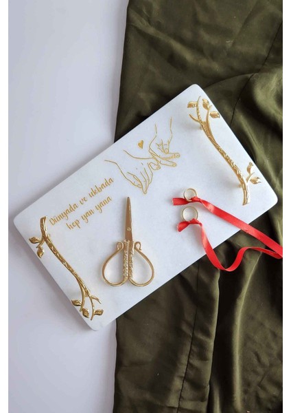 Ince Mermer Söz/nişan Tepsisi 32X20 cm ve Makas, Şık ve Zarif Tasarım