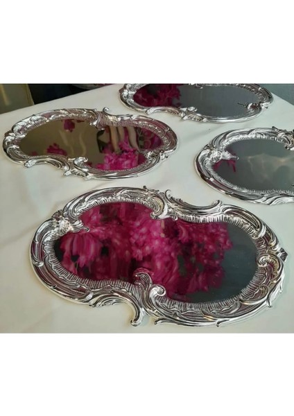 6 Adet Paslanmaz Çelik Işlemeli Desenli Sunum Tepsisi, Şık ve Dayanıklı Set