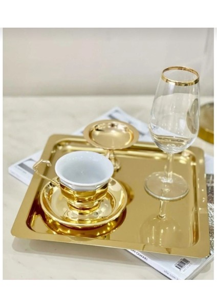 Gold Renk 4'lü Kare Paslanmaz Çelik Kahve Servisi Tepsisi 21X21CM