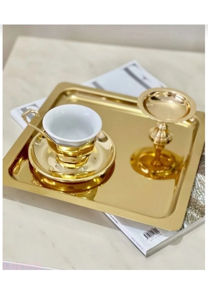 Gold Renk 4'lü Kare Paslanmaz Çelik Kahve Servisi Tepsisi 21X21CM fırsatları