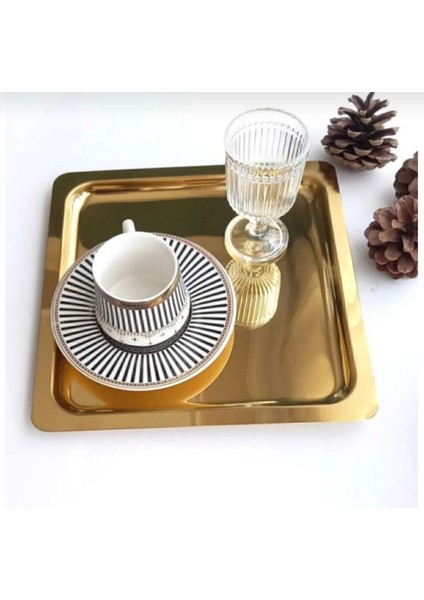 Gold Renk 4'lü Kare Paslanmaz Çelik Kahve Servisi Tepsisi 21X21CM indirimleri