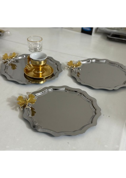 6'lı Set Yuvarlak Dalgalı Metalik Sunum Tepsisi, Kelebek Detaylı, Şık ve Kullanışlı