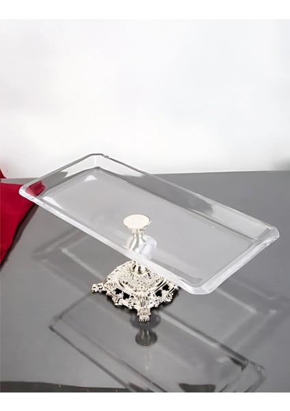 Gümüş Detaylı Dikdörtgen Servis ve Sunum Tepsisi 30X14X15 cm